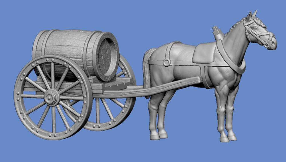 Small water barrel cart with standing horse