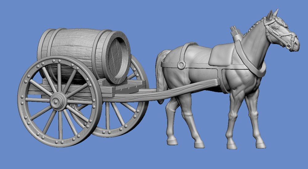 Small water barrel cart with walking horse