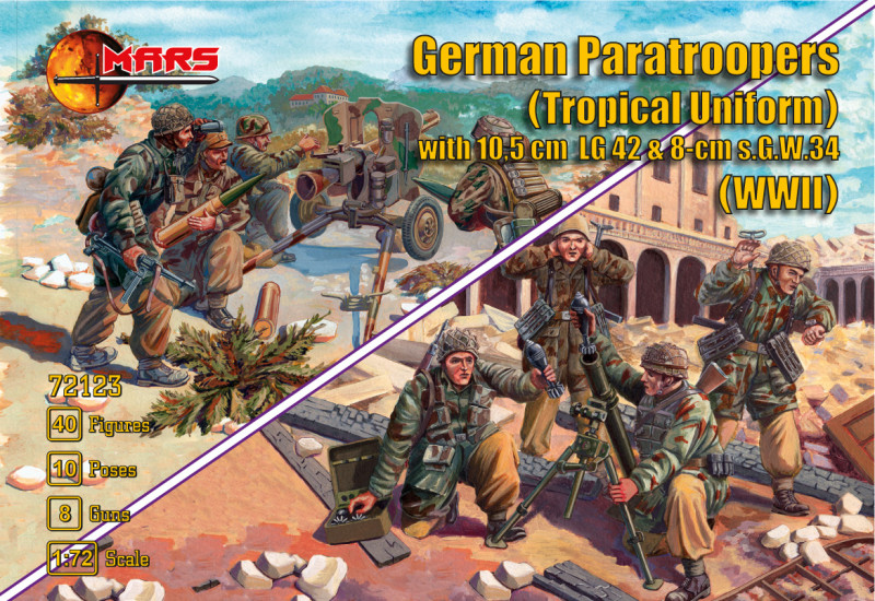 WW2 German Paratroopers in trop. with 10.5cm LG 42 & 8cm s.G.W